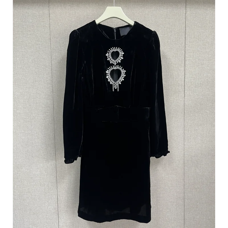 

French Black Velvet Hollow Out Diamond Dress Female Long Sleeve Elegant Fashion Vintage Dinner Party Sexy Dress Women Vestidos