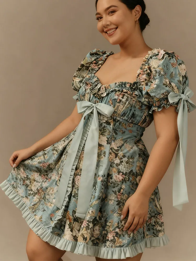New Plus Size Women's Lace Square Collar Mini Dress With Floral Print Lantern Short Sleeves Dress Party Elegant Evening Dresses