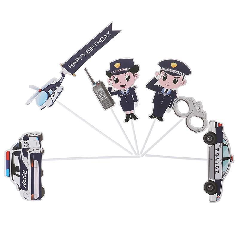 PRECUT Cartoon Police Car Plane Handcuffs Birthday Cupcake Toppers Decorations view 5