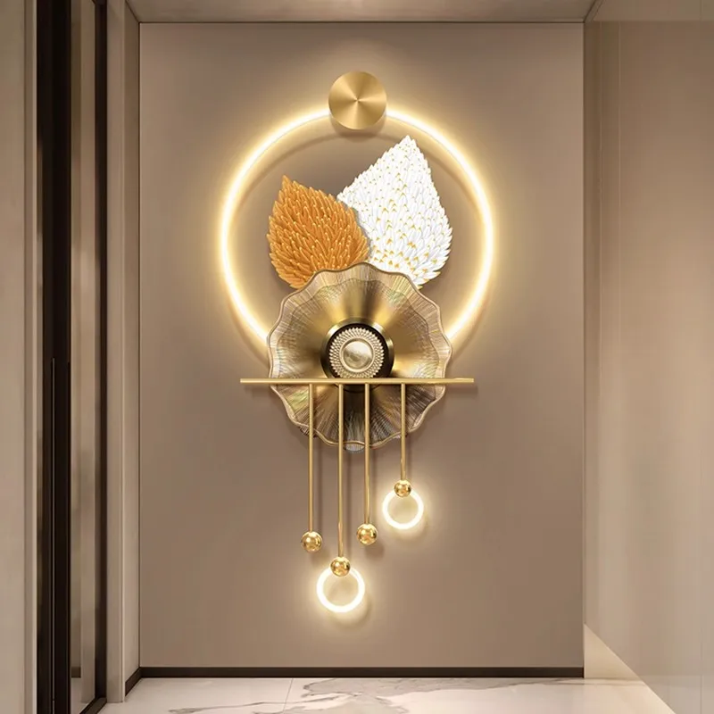 Luxury-modern feathered entrance wall light with LED, three-dimensional floral mural at the end of the corridor, abstract entran