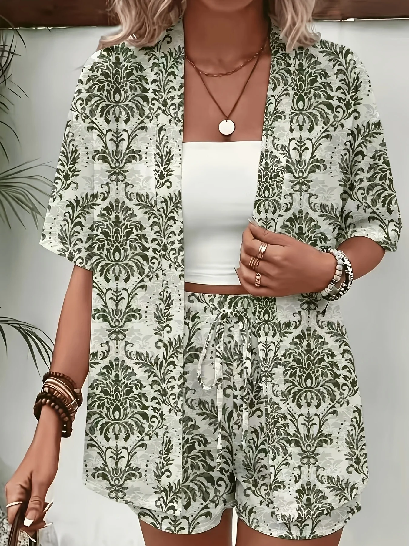 Romper Floral Print - Women's Retro Green Floral Print Two-Piece
