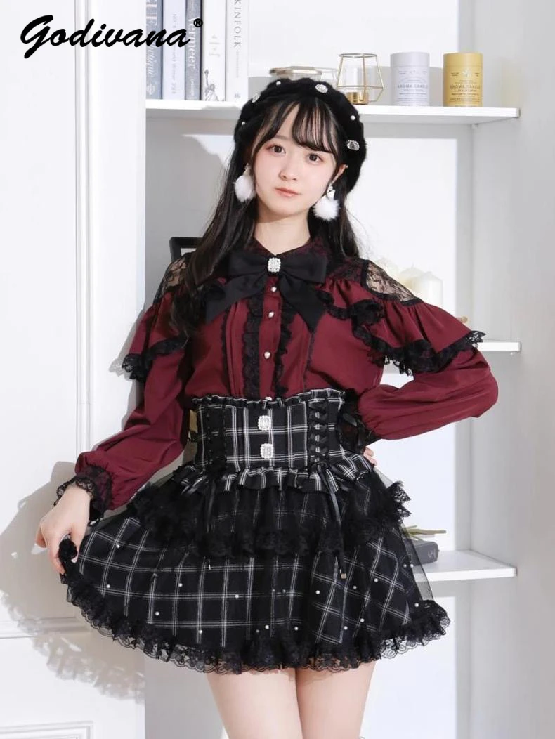 Sweet Japanese Mine Cape Ruffled Lace Stitching Shoulder Long Sleeve Shirt Spring and Autumn Women\'s Lolita Bowknot Blouse Tops