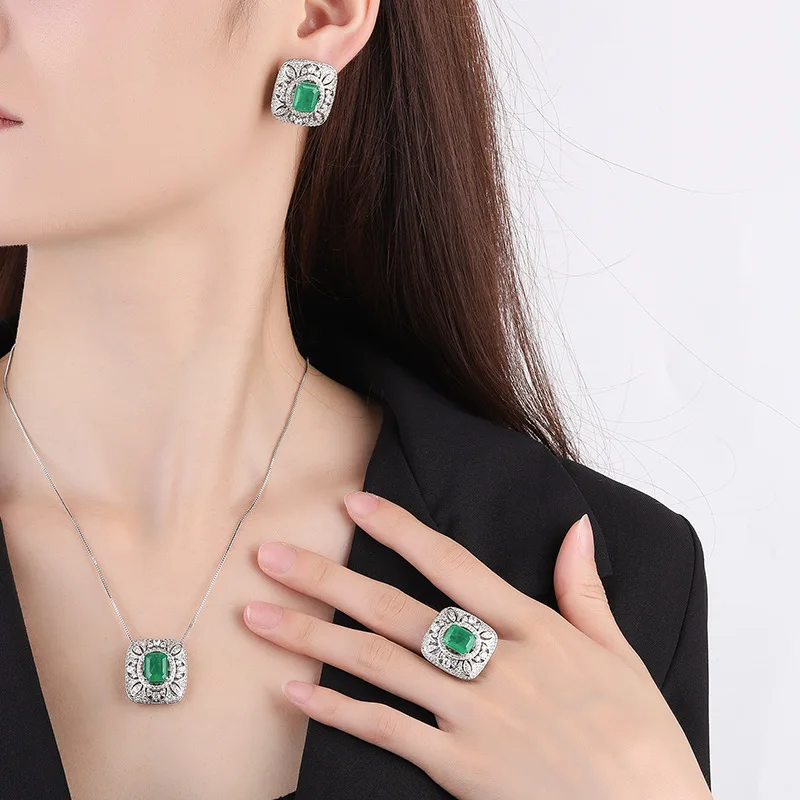 Square Emerald High Carbon Diamond Retro Ring Necklace Earrings Set Women's Precious Hollow Jewelry Give Your Mother A Gift