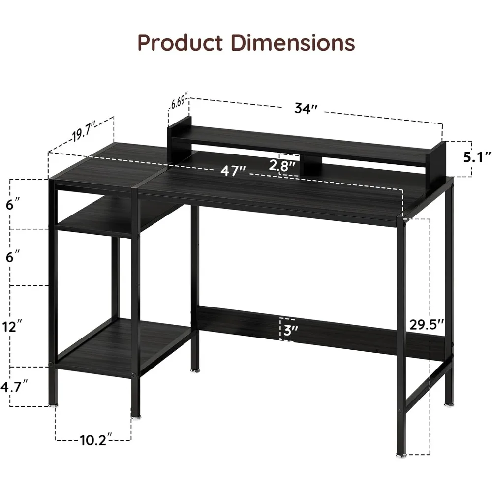 مكتب ألعاب ومنزلي للشاشات المزدوجة، مكتب كمبيوتر أسود مقاس 47 بوصة مع مساحة تخزين وحامل شاشة قابل للتعديل #3