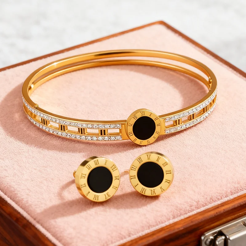 مجموعة مجوهرات نسائية بأرقام رومانية - سوار وأقراط من العقيق الأسود، مجوهرات فاخرة ذات لون ذهبي للحفلات والهدايا