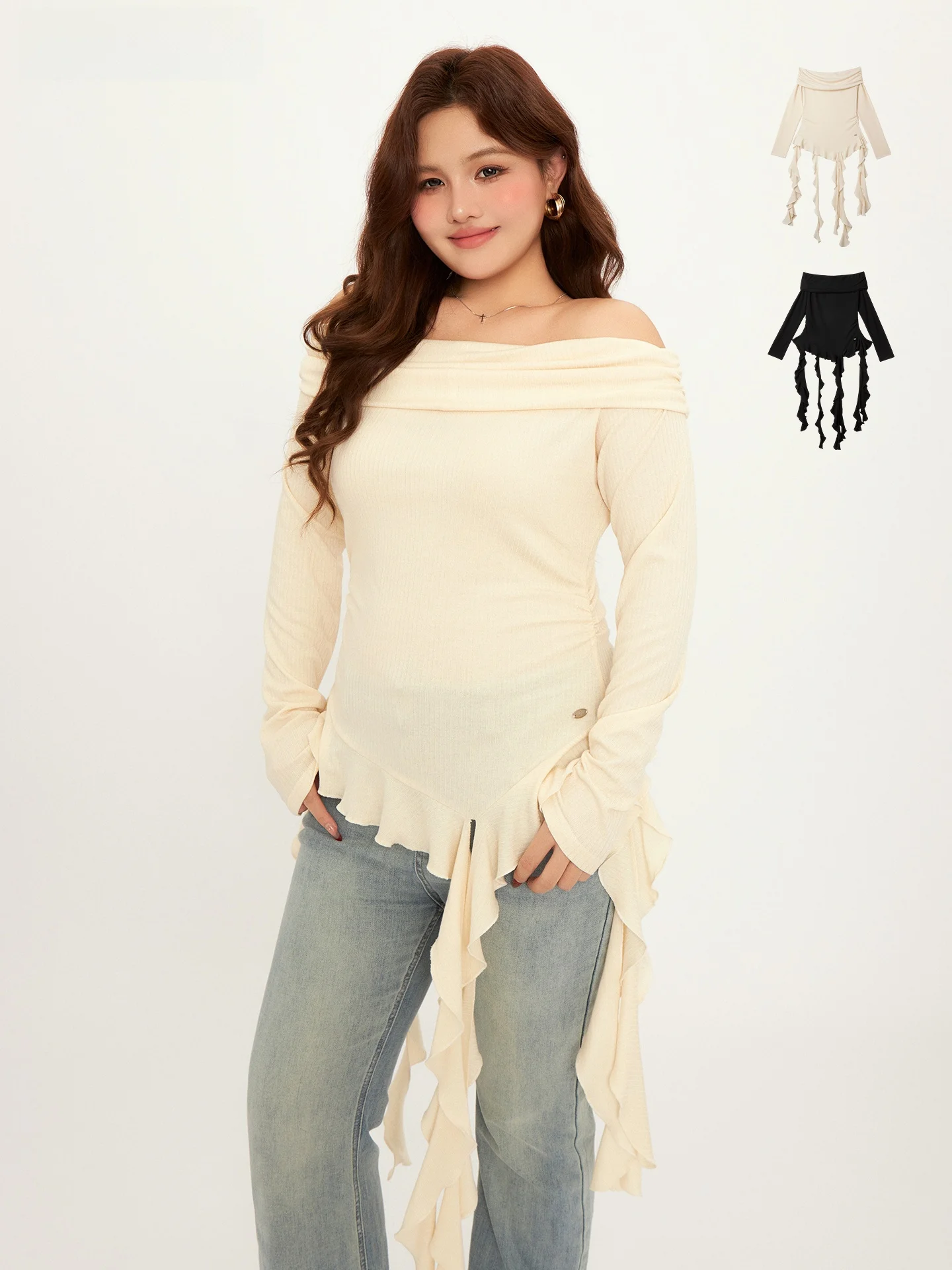 

Женская футболка Slim Fit с длинным рукавом, открытыми плечами, оборкой по низу, больших размеров, однотонная, осенне-зимняя