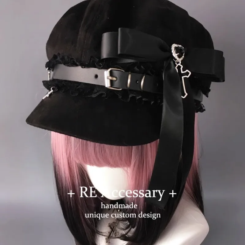 Subculture Water Color Mine Series Beret Jirai Kei Accessories Original Japanese Woman Mass Production Rhinestone Love Bow Hats