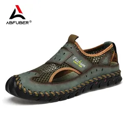 2024 Leather Sandals Men Breathable Summer Shoes Man Waterproof Outdoor Men Sandals Antiskid Beach Sandals Hollow Shoes Footwear