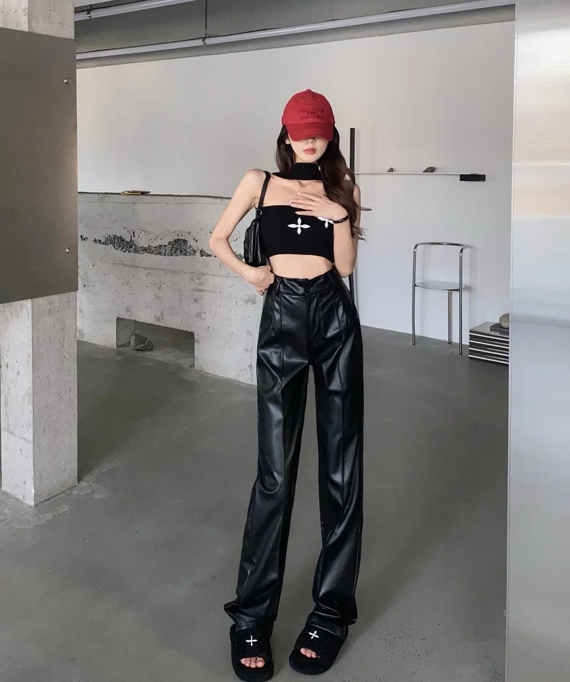 High Waist Straight Loose Casual Wide Leg Black Leather Pants Trousers Y2k Pant Pantalones De Mujer PU Streetwear Sexy 2024 Fall