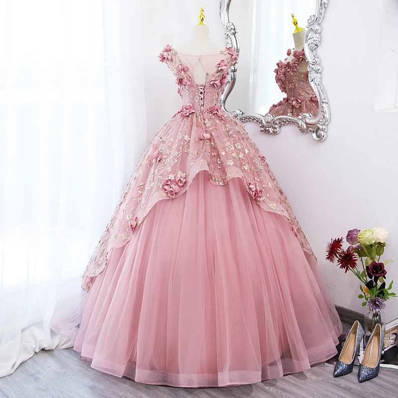 Vestidos de quinceañera, vestido de baile rosa, Floral, dorado, lentejuelas brillantes, cuello transparente, vestidos de fiesta de noche, vestido de