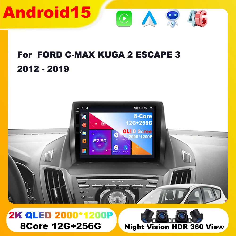 Android 15 для FORD C-MAX KUGA 2 ESCAPE 3 2012-2019 Автомобильный радиоприемник Carplay Автоплеер Мультимедийная навигация GPS WIFI BT Стерео 9 дюймов