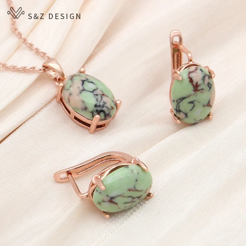 S&Z DESIGN New Oval Synthetic Turquoises Drop Earrings Jewelry Sets For Women Wedding 585 Rose Gold Color Pendant Necklace