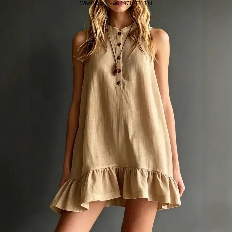Women O Neck Sleeveless Cotton Linen Mini Dress Solid Color Lotus Leaf Edge Casual Beach Vacation Dress