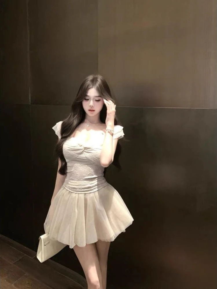 Women's summer design sense two-piece set ruffled edges pure desire twist V-neck slim T-shirt high waisted fluffy skirt