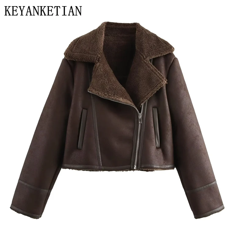 KEYANKETIAN 2024 Winter New Women's Double Faced Fur Cropped Imitation leather Jacket Retro style Asymmetrical Zipper Greatcoat