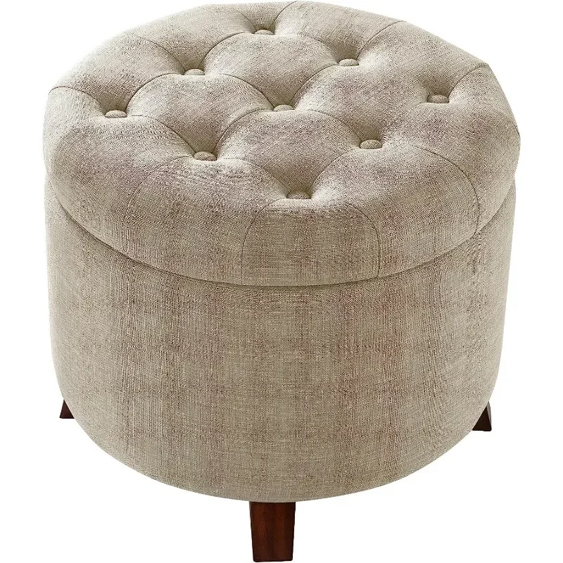 Upholstered Tufted Storage Round Ottoman Footstool, Burlap Beige