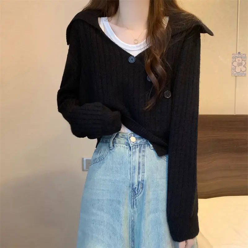 가을 겨울 프렌치 레트로 루즈 아우터 라펠 긴 소매 니트 하이웨이스트 숏 스웨터 여성용