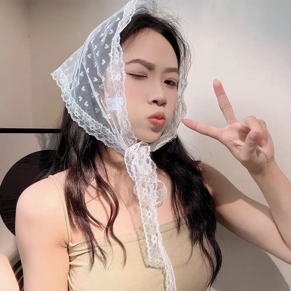 Embroidered Lace Triangle Headscarf Hollow-out Pastoral Style Hair Scarf Wraps White Woven Floral Lace Skirt Hair Accessories