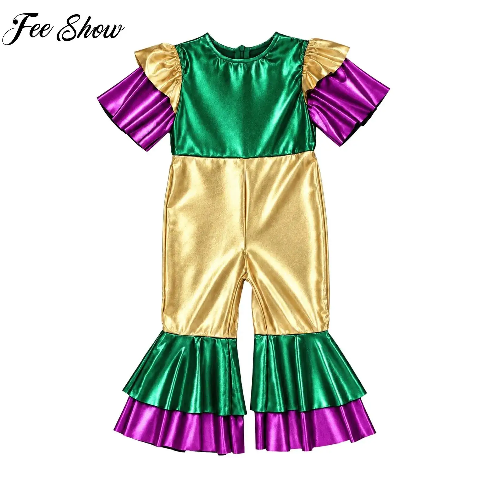 Baby Girls Carnival Party Festival Costume Metallic Color Block Romper Short Sleeve Zipper Jumpsuit for Performance Photo Shoot