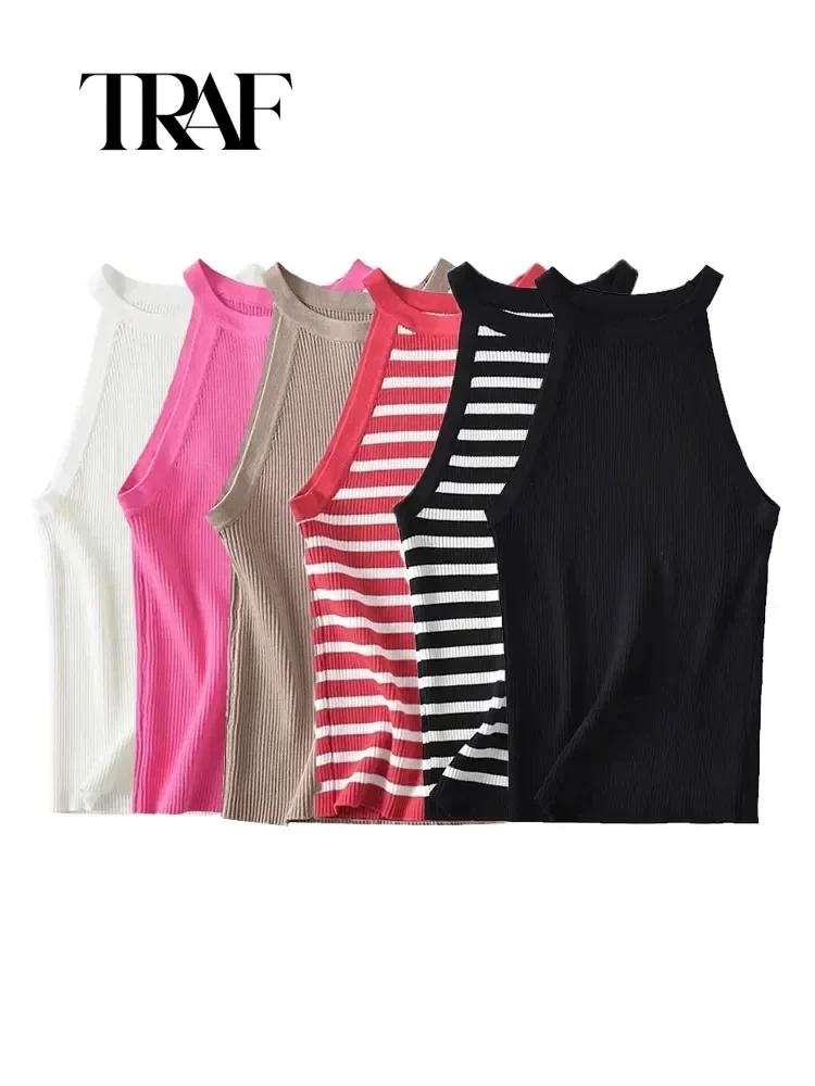 TRAF Canotte basic in maglia a righe moda donna Canotte sexy senza maniche o collo femminile Camis Mujer