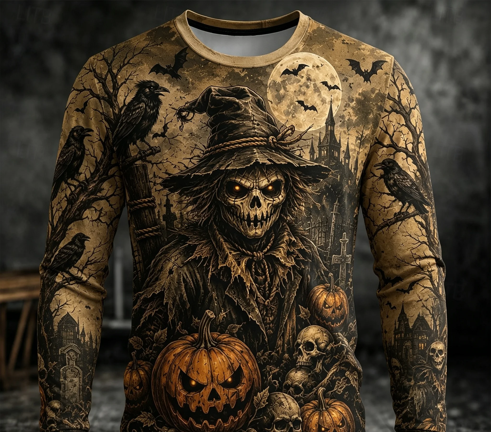 Herren Vintage Halloween Langarm-T-Shirt mit Sensenmann, Vogelscheuchen, Kürbis und Krähe Grafik, Rundhals Gothic Streetwear Oberteil – Detail 3
