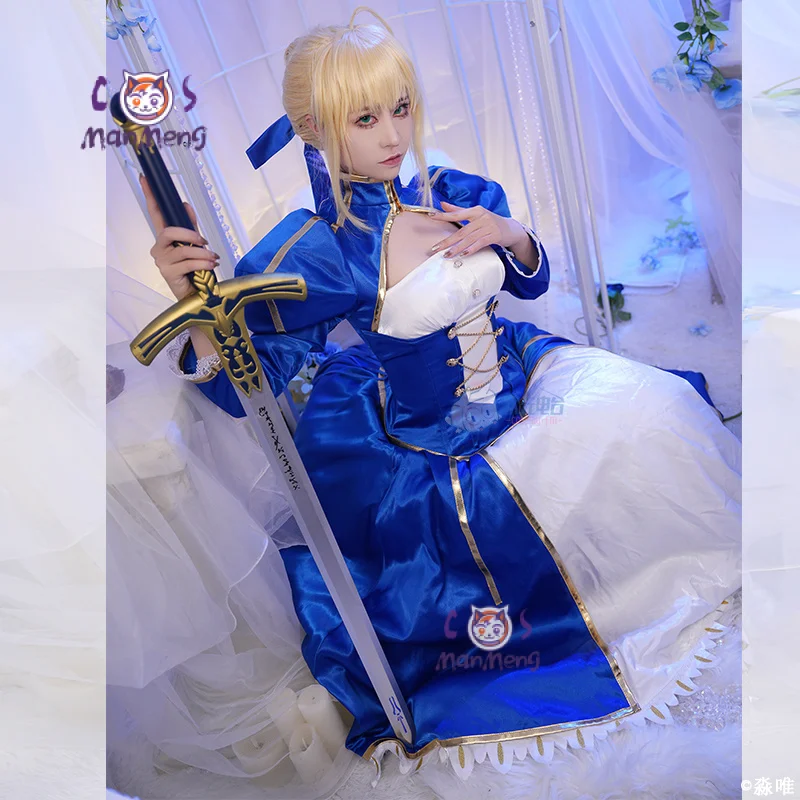 Fate/stay night fate Altria Pendragon saber Cosplay Costume Blue Silk Elegant Battle Dress Accessory Halloween Party Women Set