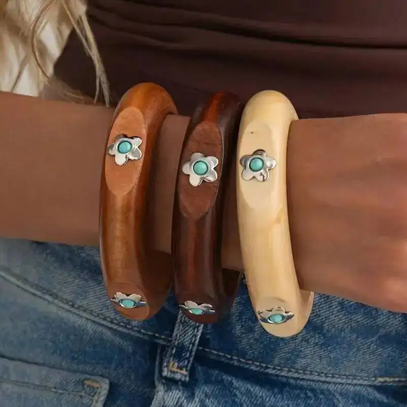 IngeSight.Z 3Style Vintage Creative Wooden Chunky Bangles Bracelet Women Ethnic Style Inlaid Flower Stone Hand Accessory Jewelry
