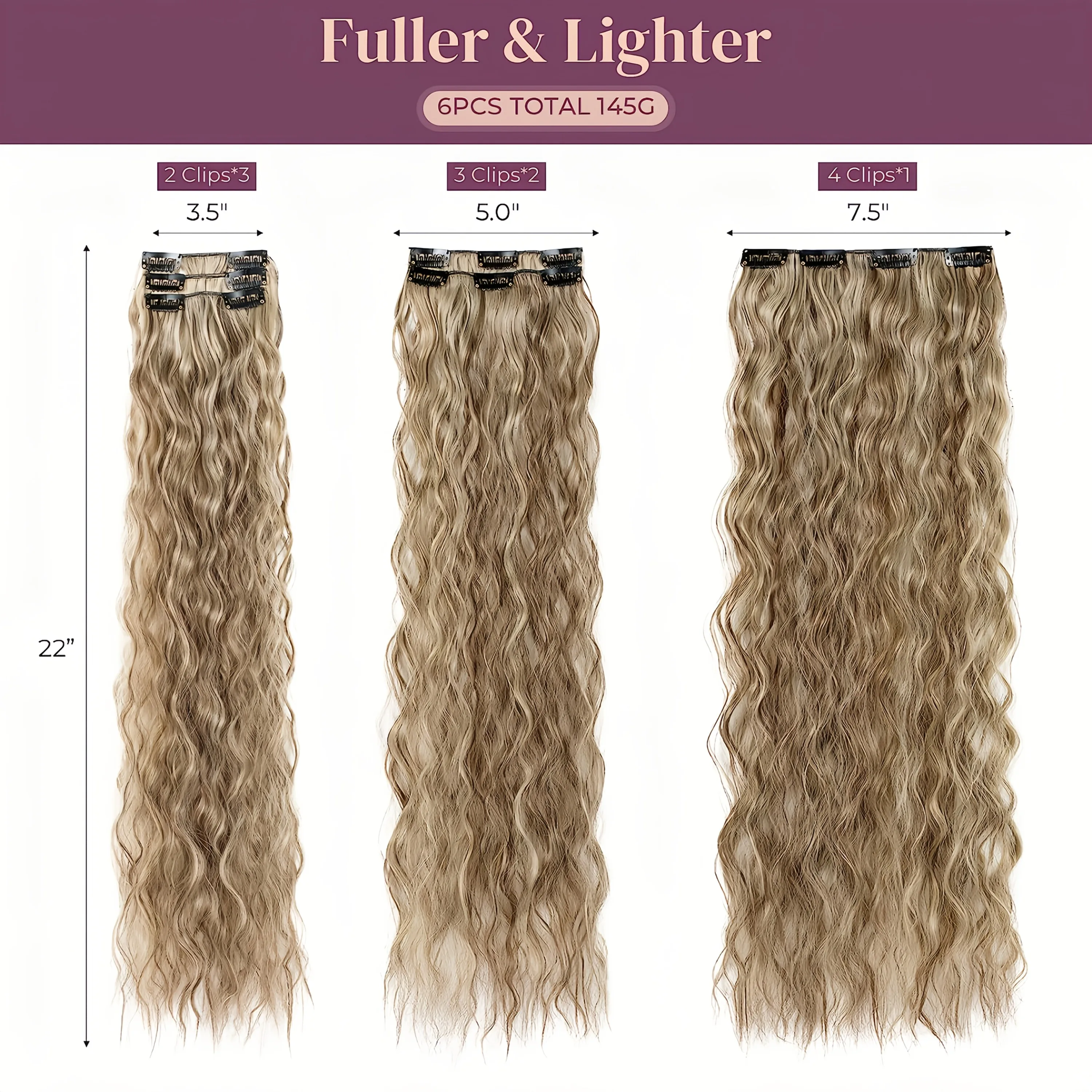 Clip-in hairextensions, 22 inch lange losse golvende hairextensions, onzichtbaar natuurlijk zacht voor dames bruin met highlights