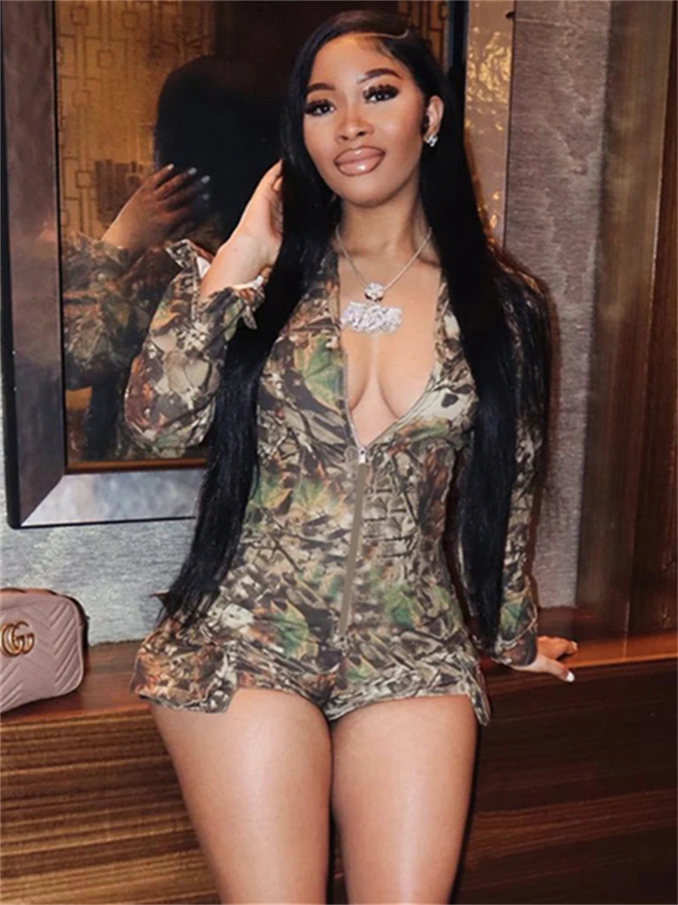 Akaily Winter Vintage Camouflage Print Romper Party Club Outfit For Woman 2024 Long Sleeve Cargo Side Pockets Zip Up Playsuit