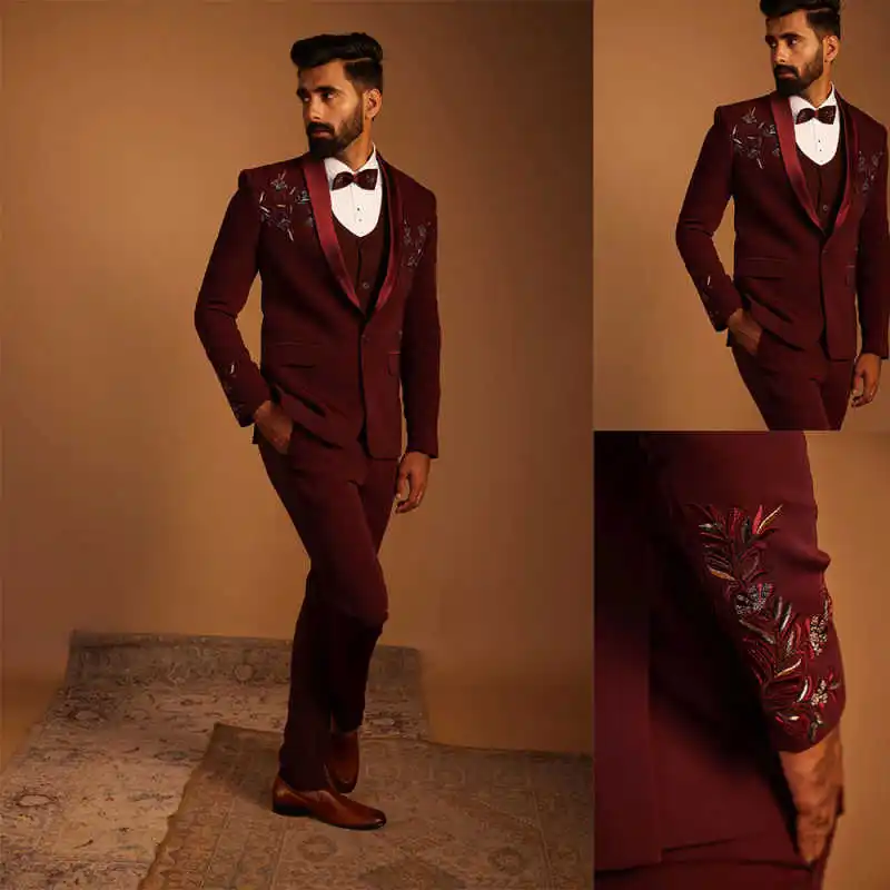 

Customized 3 Pieces Men Suits Shawl Lapel Single Breasted Blazers Sequins Embroidery Beading Prom Male Wedding Party Tuxedos