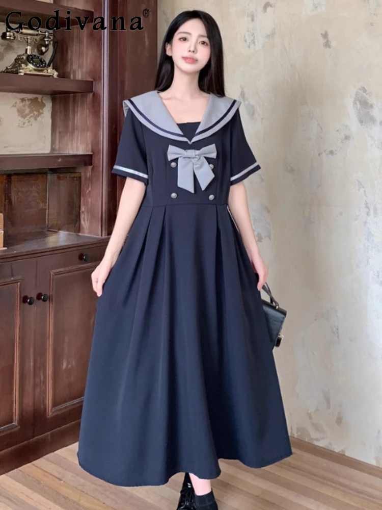 

Летнее платье большого размера для колледжа, милое темно-синее платье с воротником и бантом, с короткими рукавами, модные японские платья трапециевидной формы с высокой талией для девочек