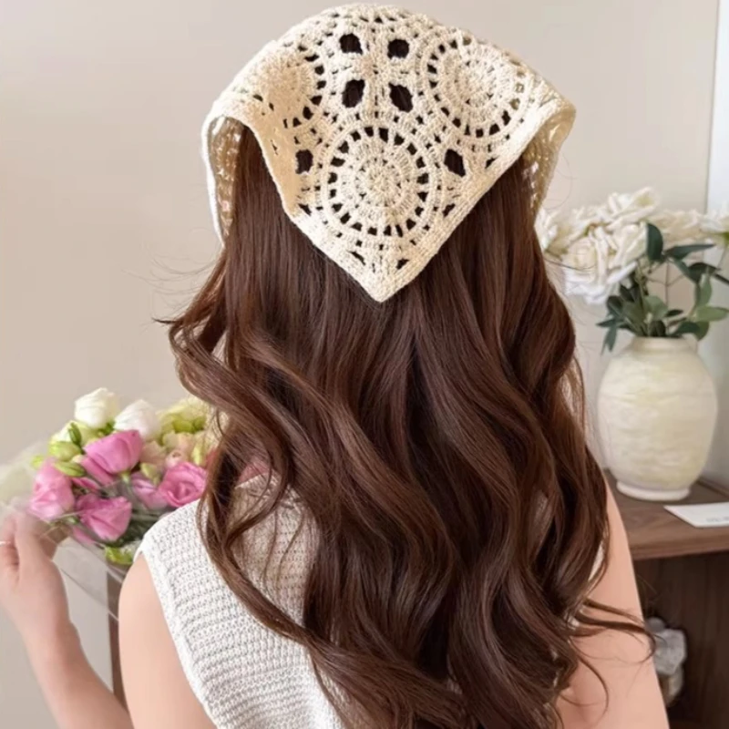 Female Hollow Crochet Bandana Fashion Triangle Scarf Women Retro Boho Sheer Mesh Headscarf Versatile Neck Scarf for Daily Wear