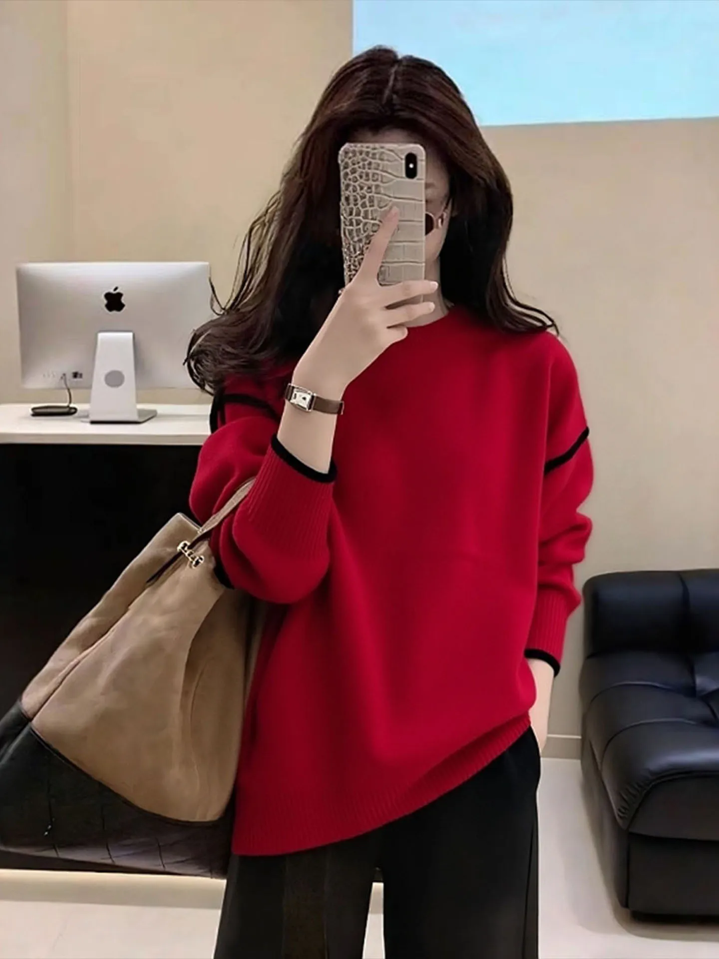 White Enhancing Cisas Red Camere Knitwear Long Sve round Ne Versatile Faionable Winter 2025 Women's Top