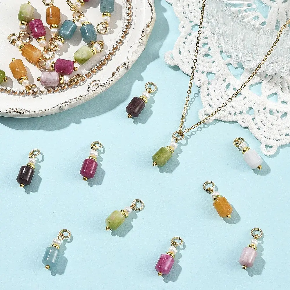 25pcs Mixed White Jade Cylinder Bead Charms w/Pearl Column Gemstone Dangle Pendants for DIY Earrings Bracelet Necklace Jewelry