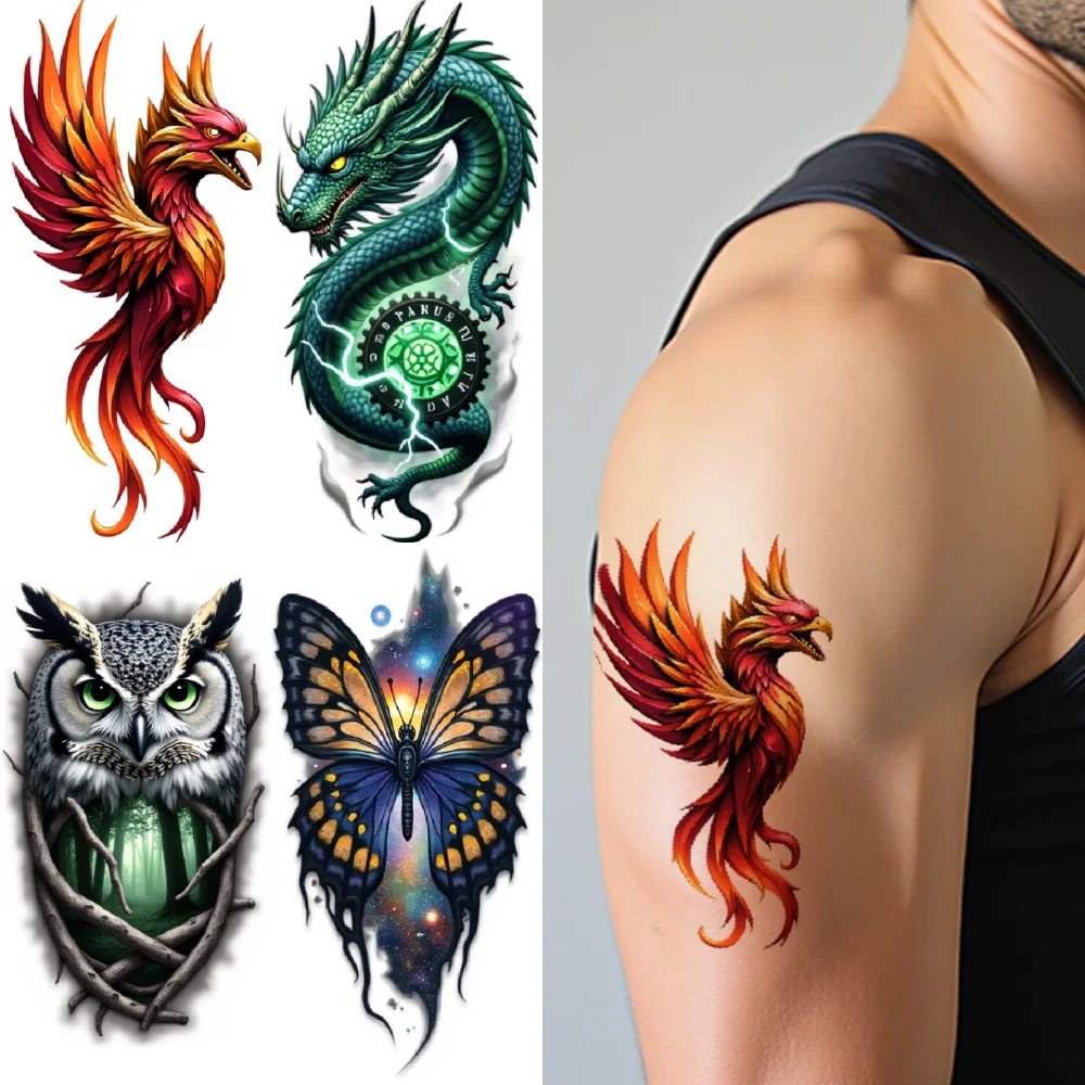 

9pcs Temporary Tattoo Scorpion Waterproof Long-lasting Body Stickers Heart Snake Raven Clock Colorful Realism Blue Dragon For