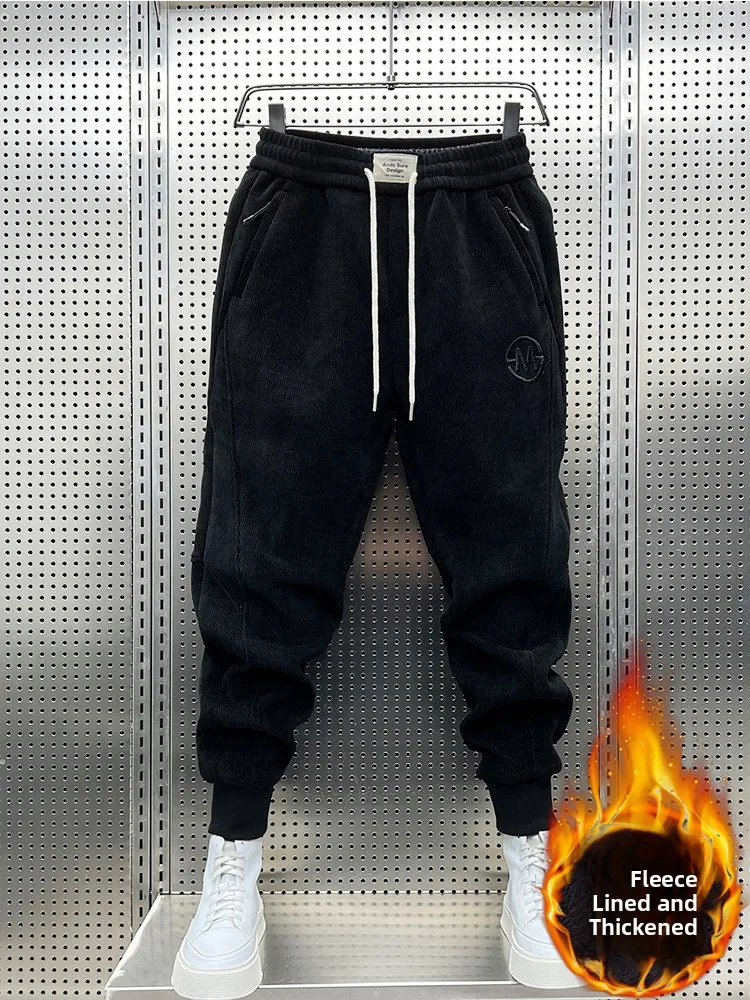 

Autumn Winter Corduroy Faionable All-Match Fce-Lined Casual Pants Men Loose Cuffed Sli Heat Transfer Stripe Sports S...