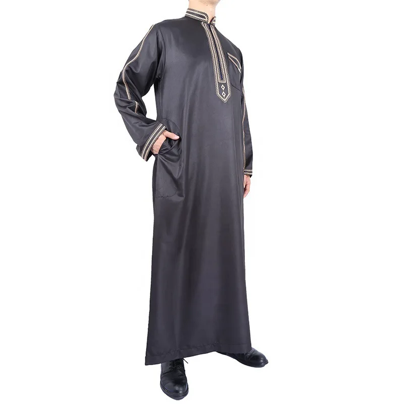 Moda muçulmano oriente médio masculino manga longa árabe gola islâmica cor sólida kaftan impressão dubai longo jubba thobe abaya my951