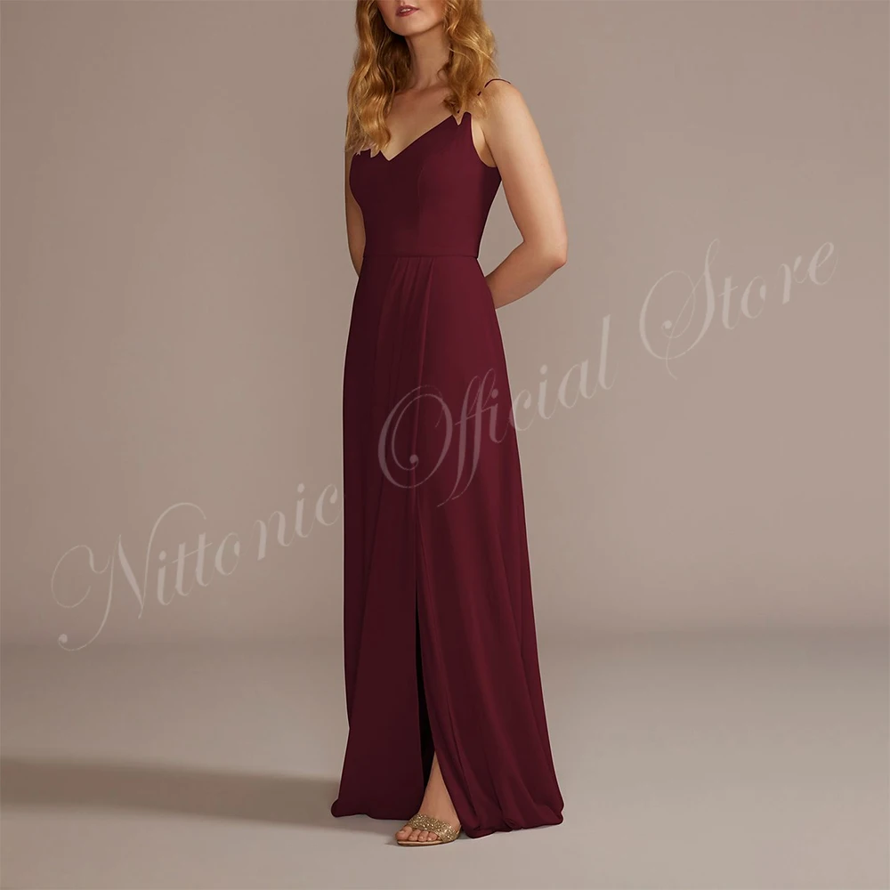 Burgundy Bridesmaid Wedding Guest Party Dresses for Women Chiffon V-Neck Floor-Length Straight Formal Occasion Evening 2023 New