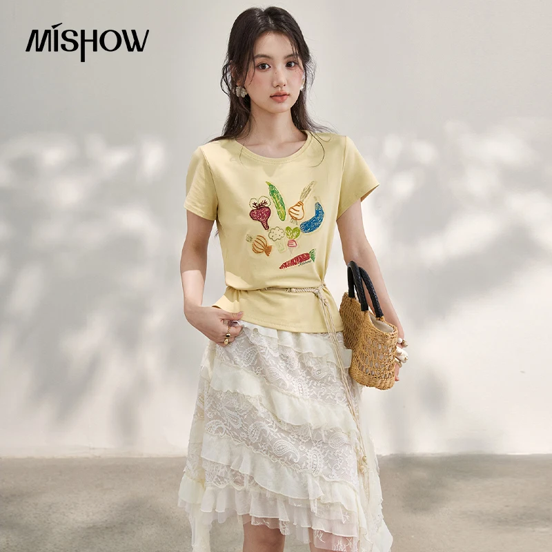 MISHOW Hand-Painted Vegetable Fruit Printed T-Shirt For Women 2026 Summer Loose Round Neck Short Sleeved Slimming Top MXF26T1645