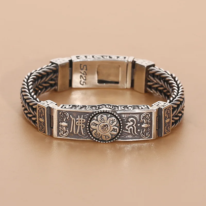 

S925 silver six-character mantra bracelet woven rotatable chain buddhist vajra stylish trendy men's braid