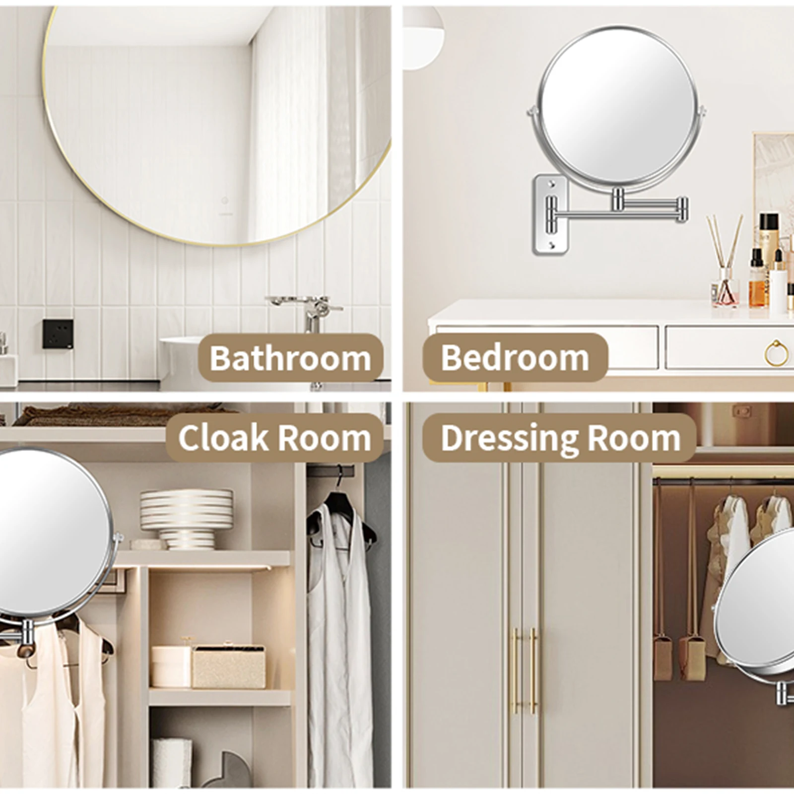 กระจกห้องน้ำแบบติดผนัง 8 นิ้ว ขยาย 5 เท่า/10 เท่า กระจกแต่งหน้าสองด้าน หมุนได้ 360 องศา ขยายได้