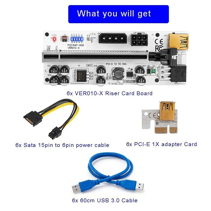 6Pcs VER010-X USB 3.0 PCI-E Riser PCI Express 1X 4X 8X 16X Extender Riser Adapter Card SATA 15Pin To 6Pin Power Cable