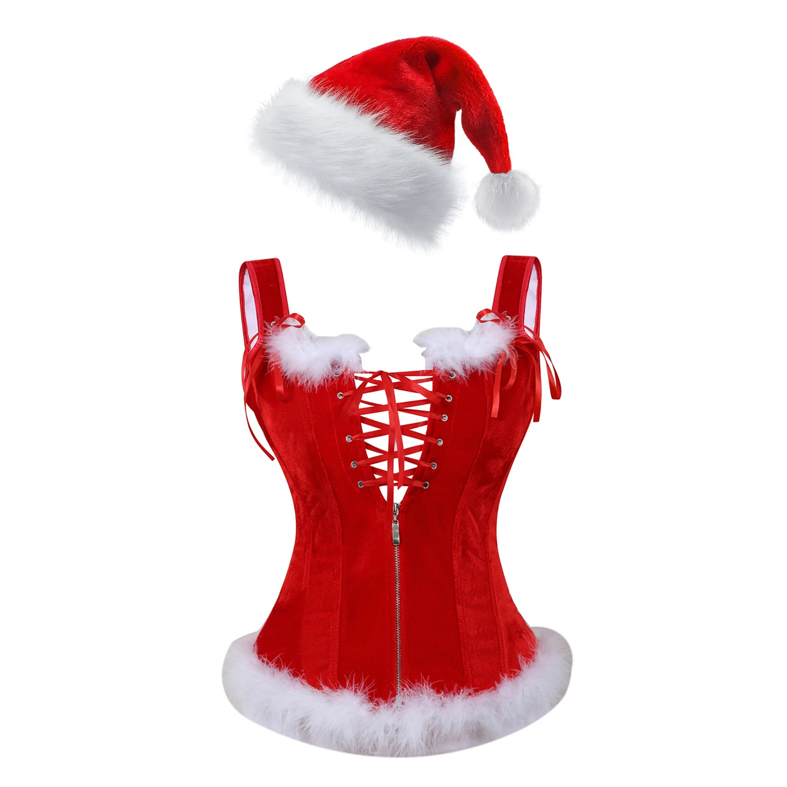 Womens Steampunk Corset Costume Christmas Fancy Corset Tops White Feather Trimming Corselet Lace-up Bustier with Red Velvet Hat