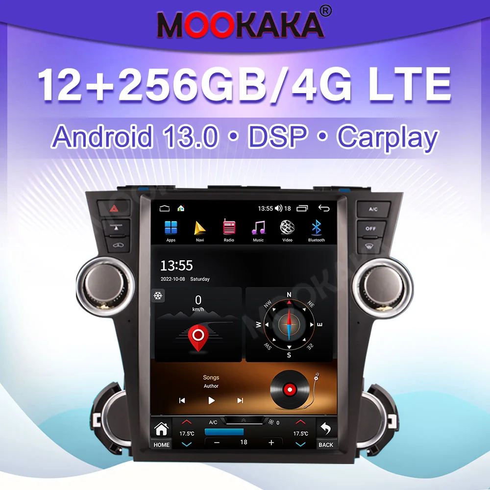 

12,1-дюймовый автомобильный радиоприемник на Android 13 для Toyota Highlander 2009-2013, мультимедийный проигрыватель с GPS-навигацией и беспроводным CarPlay