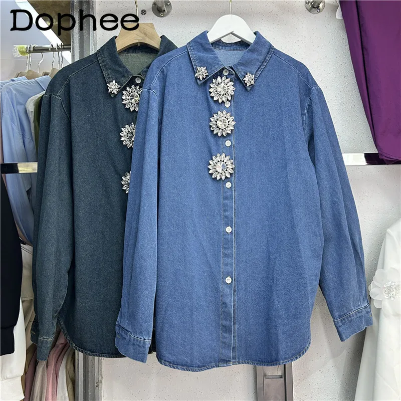 

2025 Spring New Heavy Industry Flower Diamond Loose Versatile Long Sleeve Denim Shirt Sping Autumn Tops Women Shirt Luxury