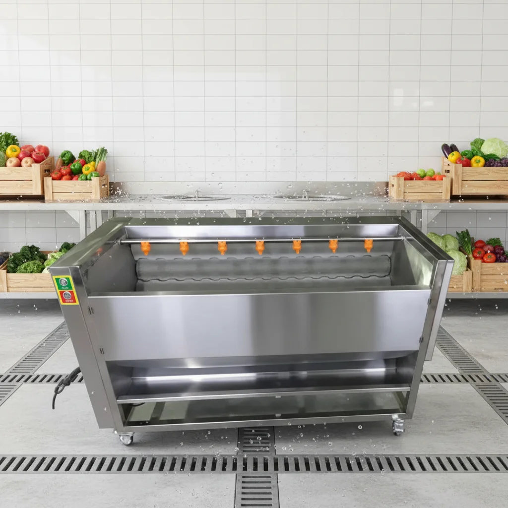 Commercial Vegetable Peeling Machine - Stainless Steel Brush Roller Washer for Food Processing