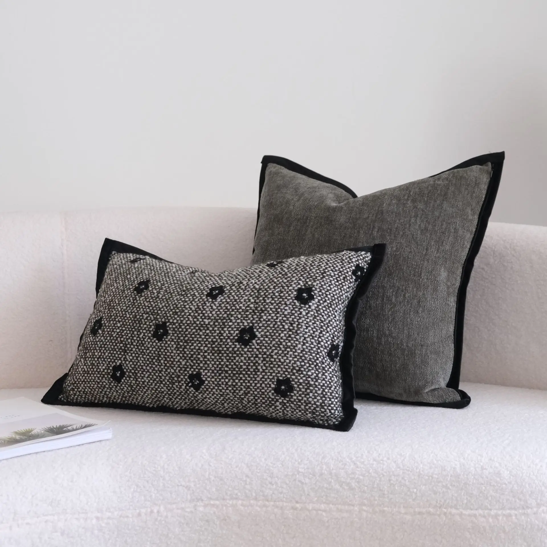 Black Gray Texture Jacquard Woven Cushion Cover Retro Flower Embroidery Pillow Case Pillow Covers Decorative Modern Luxury Home