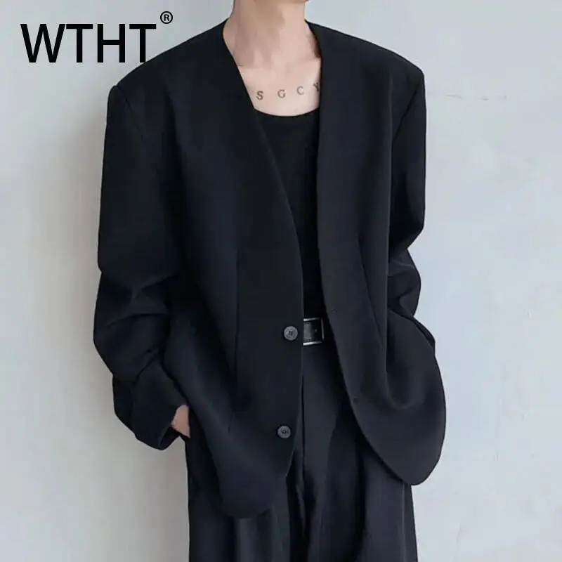 

WTHT Trendy Men's Shoulder Pads Solid‘ Color Loose Blazer Coat Fashion 2025 Summer Double Buckle Long Sleeves Jacket Male 2A0523