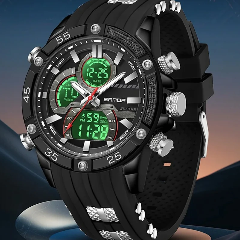 SANDA 6162 Electronic Men's Watch Multi Functional Waterproof Luminous Chronograph Pointer Digital Dual Display Watches for Men