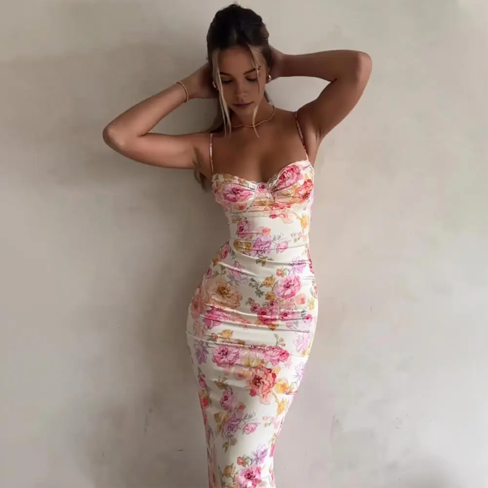 Slim-fitting Dress Floral Print Backless Sling Dress Sexy Sleeveless Party Dress Slim-fitting Suspender Style Hip Wrapped Long